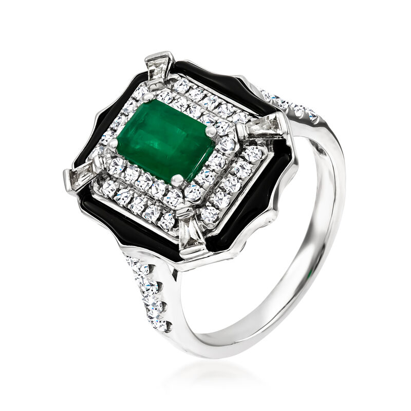 .90 Carat Emerald Ring with Onyx and .76 ct. t.w. Diamonds in 14kt White Gold image number 1