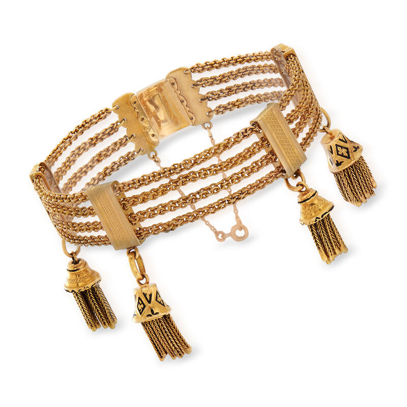 C. 1900 Vintage 18kt Yellow Gold Four-Chain Bracelet with Tassels and Enamel. 7.25&quot; image number 0