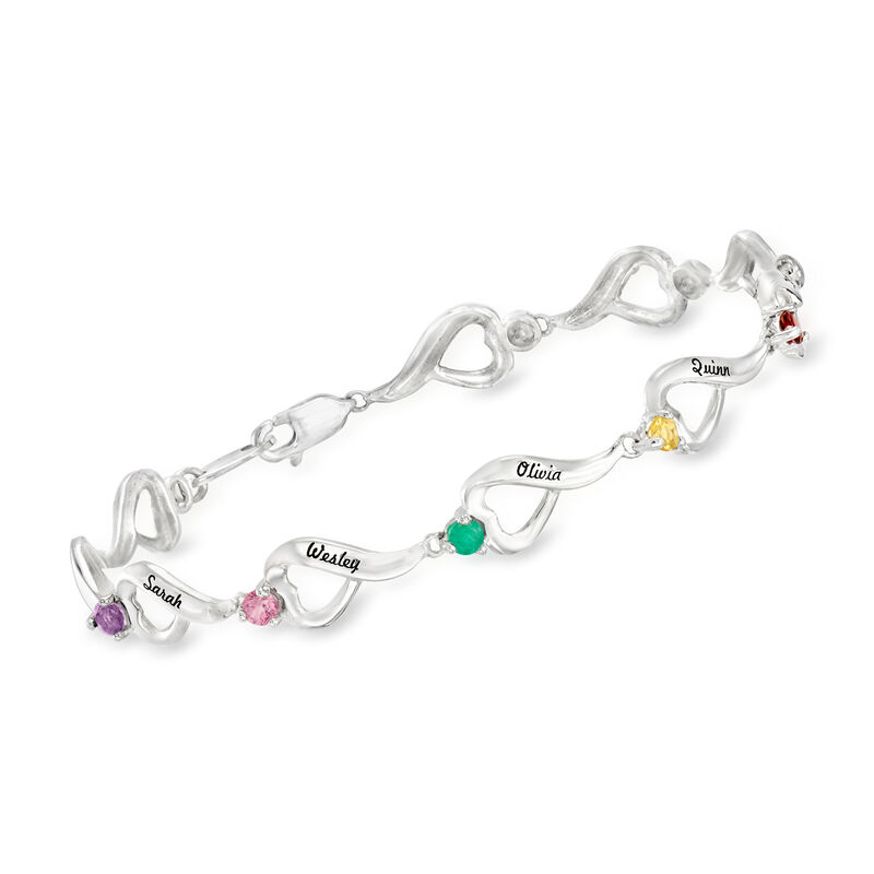 Personalized Link Bracelet in Sterling Silver - 3 to 10 Birthstones and Names image number 0