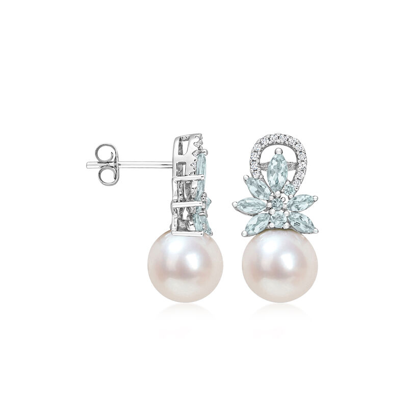 9-9.5mm Cultured Pearl and 1.10 ct. t.w. Aquamarine Drop Earrings with .13 ct. t.w. Diamonds in 14kt White Gold  image number 1