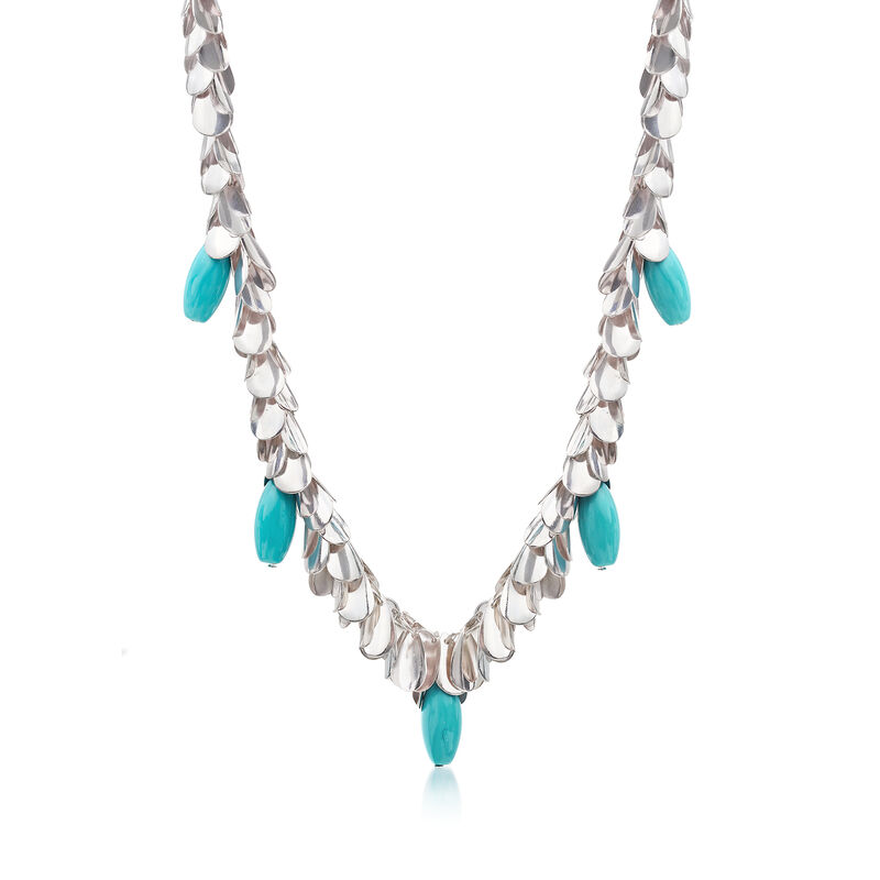 Turquoise-Blue Glass Leaf Necklace in Silvertone. 18&quot; image number 1