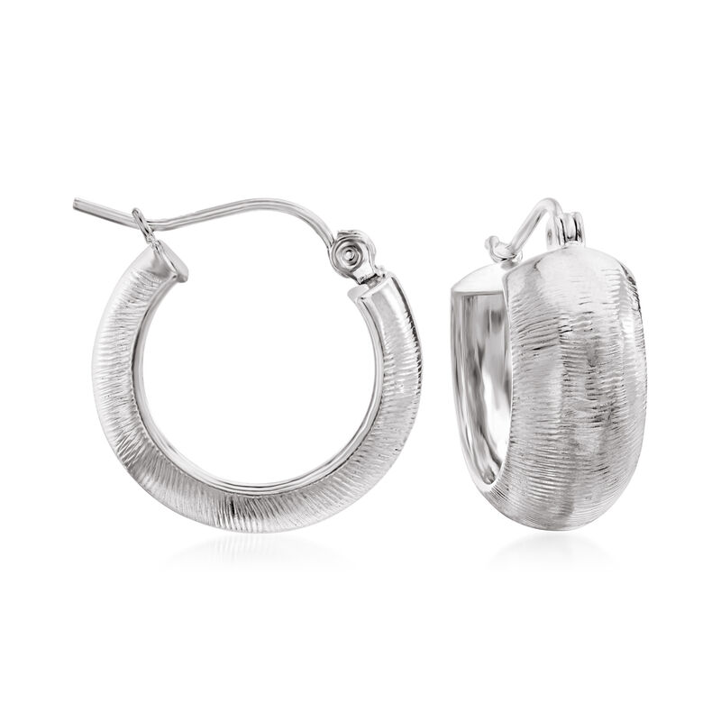 14kt White Gold Textured and Polished Huggie Hoop Earrings. 5/8&quot; image number 0