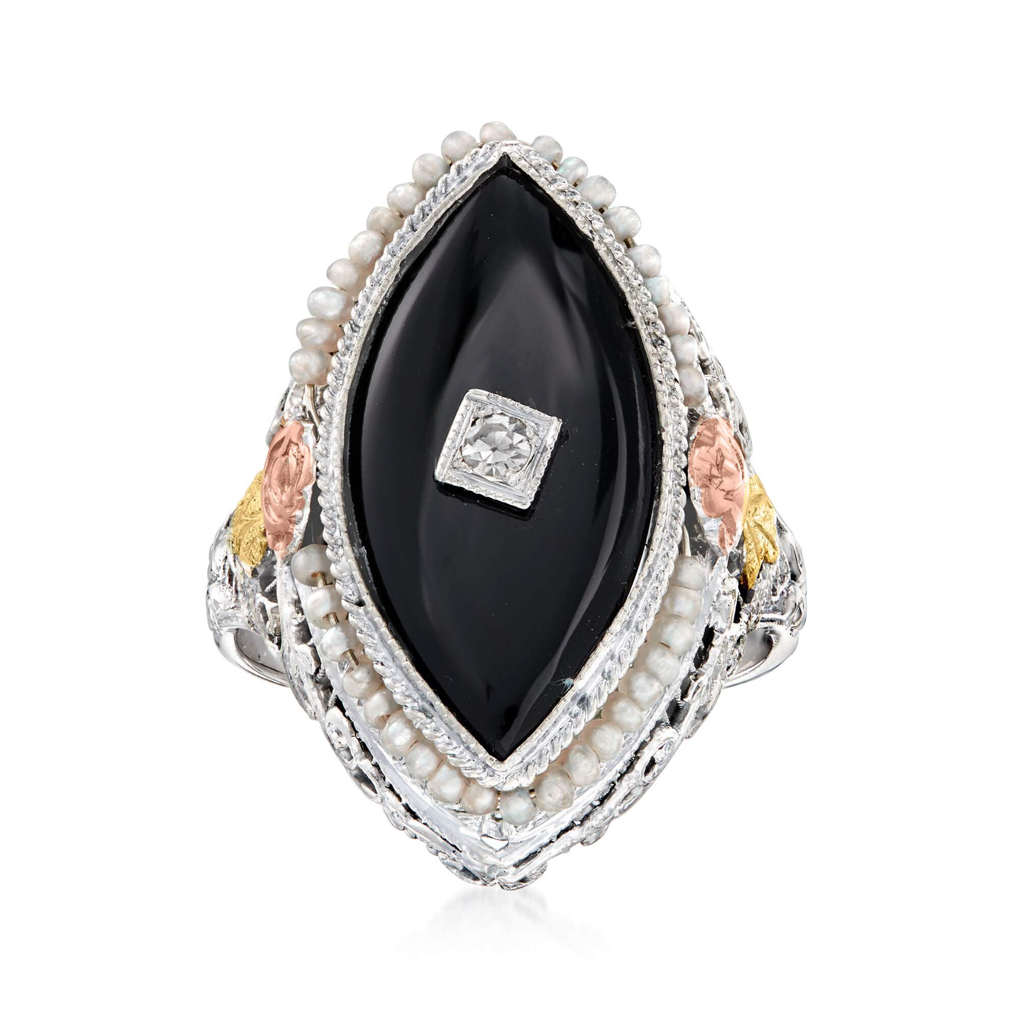 C. 1930 Vintage Black Onyx Ring with Seed Pearls and Diamond Accent in 14kt White Gold