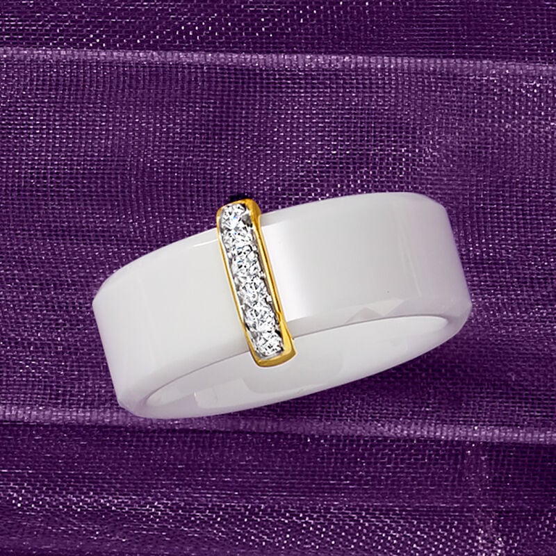 White Ceramic and .10 ct. t.w. Diamond Ring with 14kt Yellow Gold image number 4