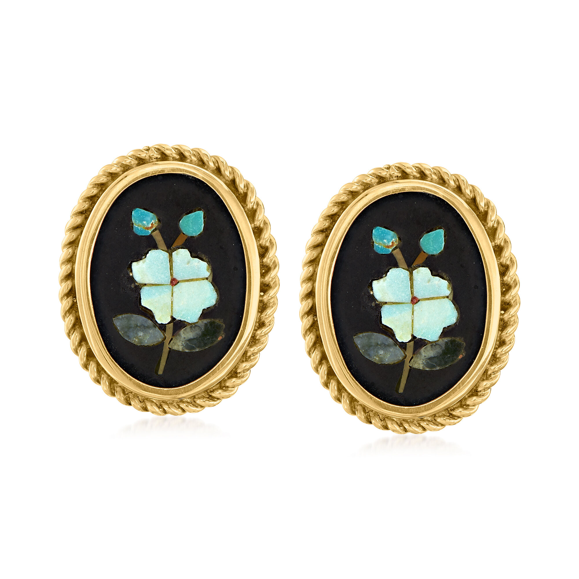C. 1960 Vintage Pietra Dura Flower Inlay Clip On Earrings in 14kt Yellow Gold