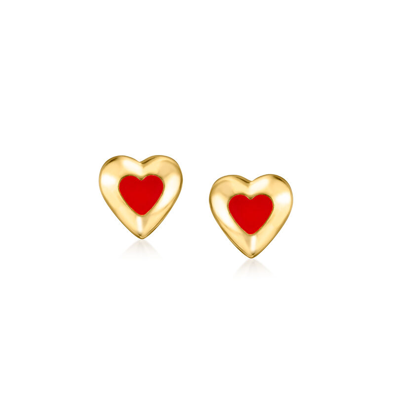 Red Enamel and 14kt Yellow Gold Heart Stud Earrings  image number 0