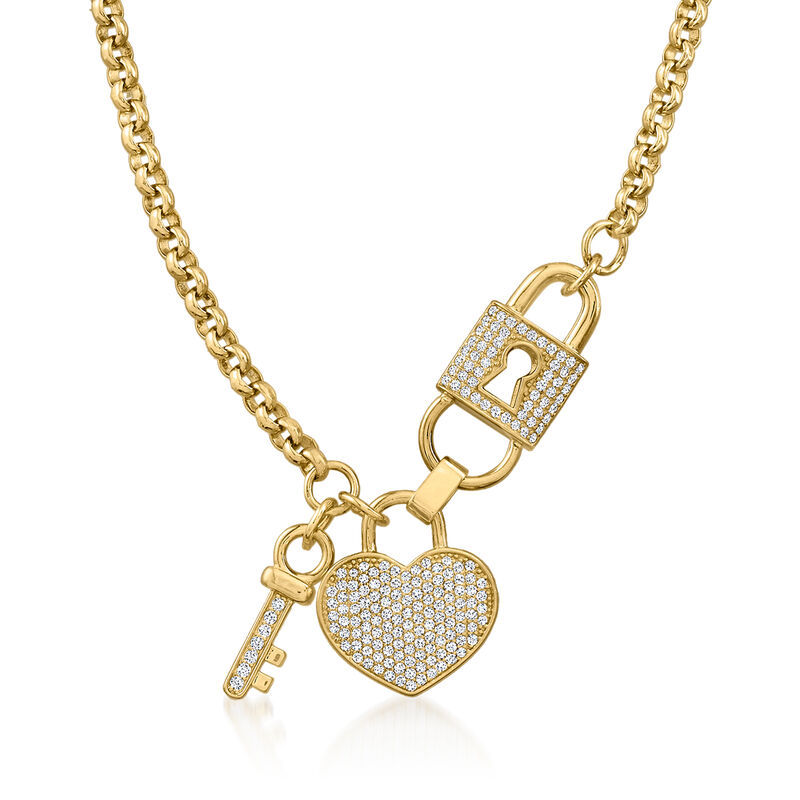 1.50 ct. t.w. CZ Heart, Lock and Key Necklace in 18kt Gold Over Sterling. 17&quot; image number 1