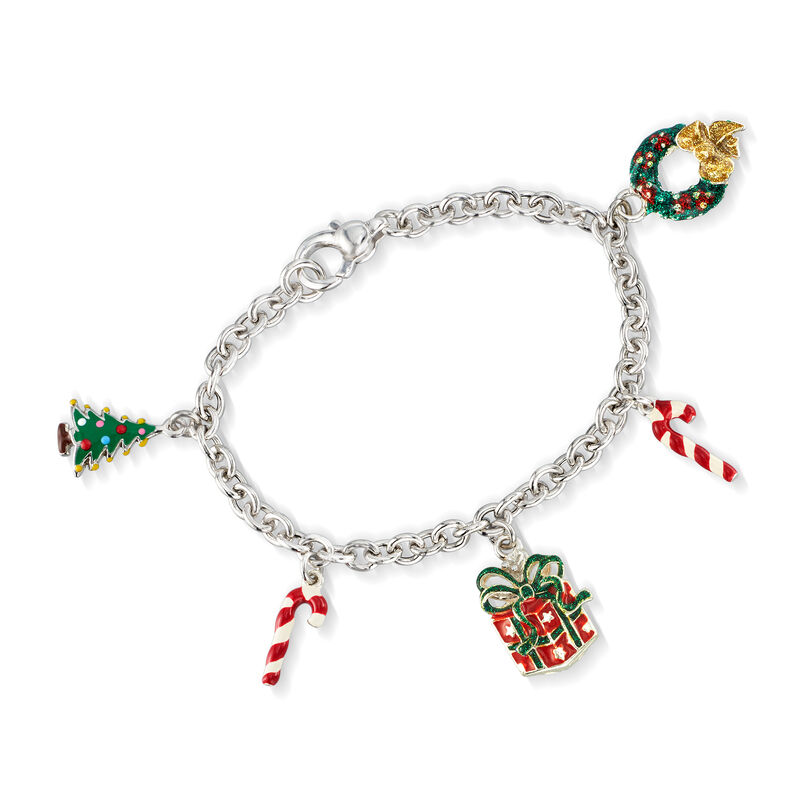 Italian Multicolored Enamel Christmas Charm Bracelet in Sterling Silver image number 0