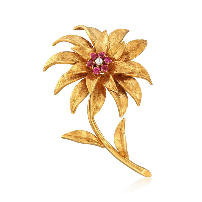 C. 1970 Vintage Tiffany Jewelry .40 ct. t.w. Ruby Floral Pin in 18kt Yellow Gold image number 0