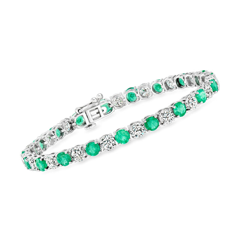 6.75 ct. t.w. Emerald and 7.00 ct. t.w. Lab-Grown Diamond Tennis Bracelet in 14kt White Gold image number 0