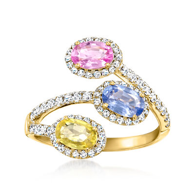 C. 1990 Vintage 1.35 ct. t.w. Multicolored Sapphire Bypass Ring with .85 ct. t.w. Diamonds in 14kt Yellow Gold