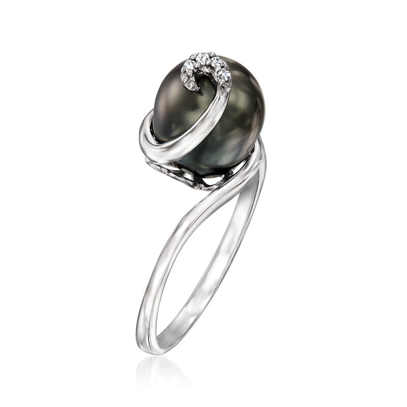 9-9.5mm Black Cultured Tahitian Pearl Swirl Ring with Diamonds in Sterling Silver image number 2