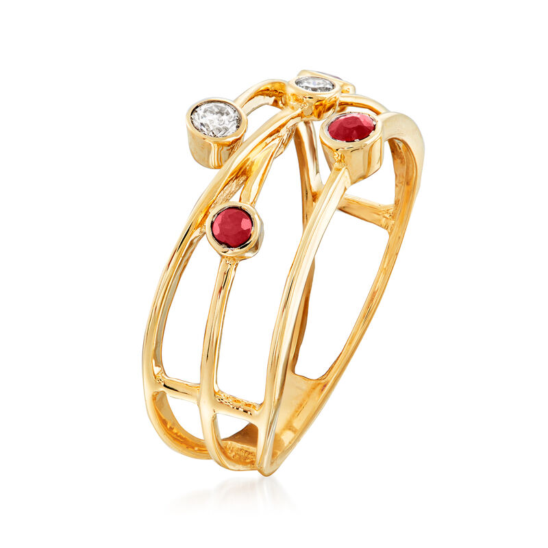 .11 ct. t.w. Diamond and .10 ct. t.w. Ruby Highway Ring in 14kt Yellow Gold image number 2