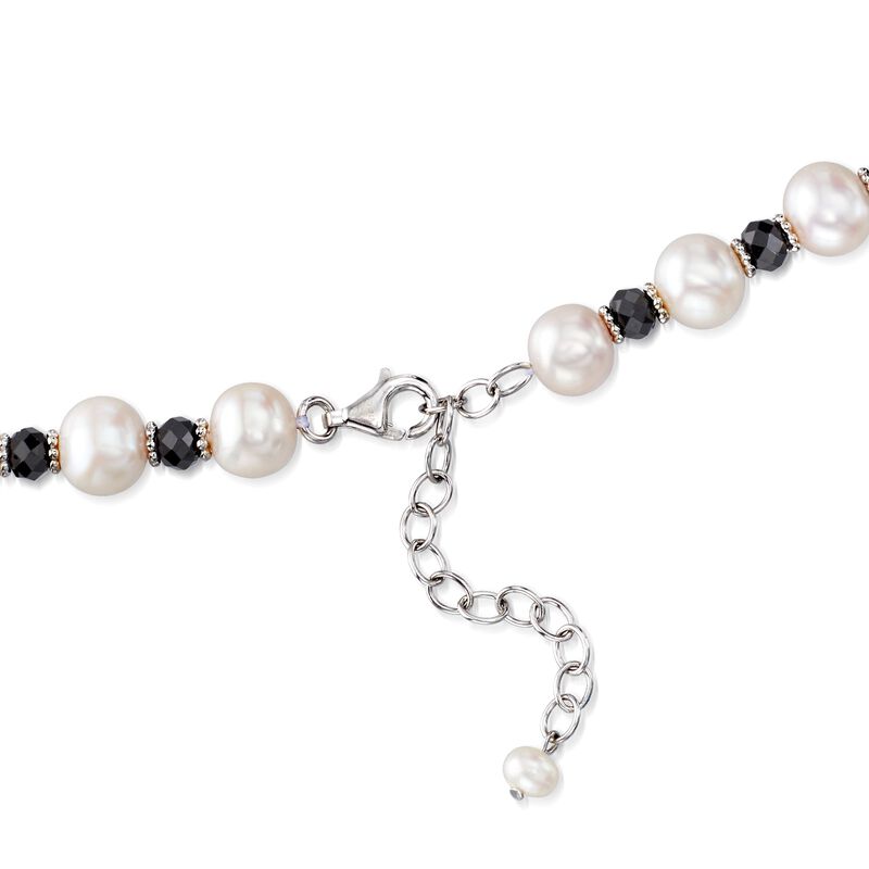 8-9mm Cultured Pearl and 25.00 ct. t.w. Black Spinel Bead Necklace with Sterling Silver. 18&quot; image number 2