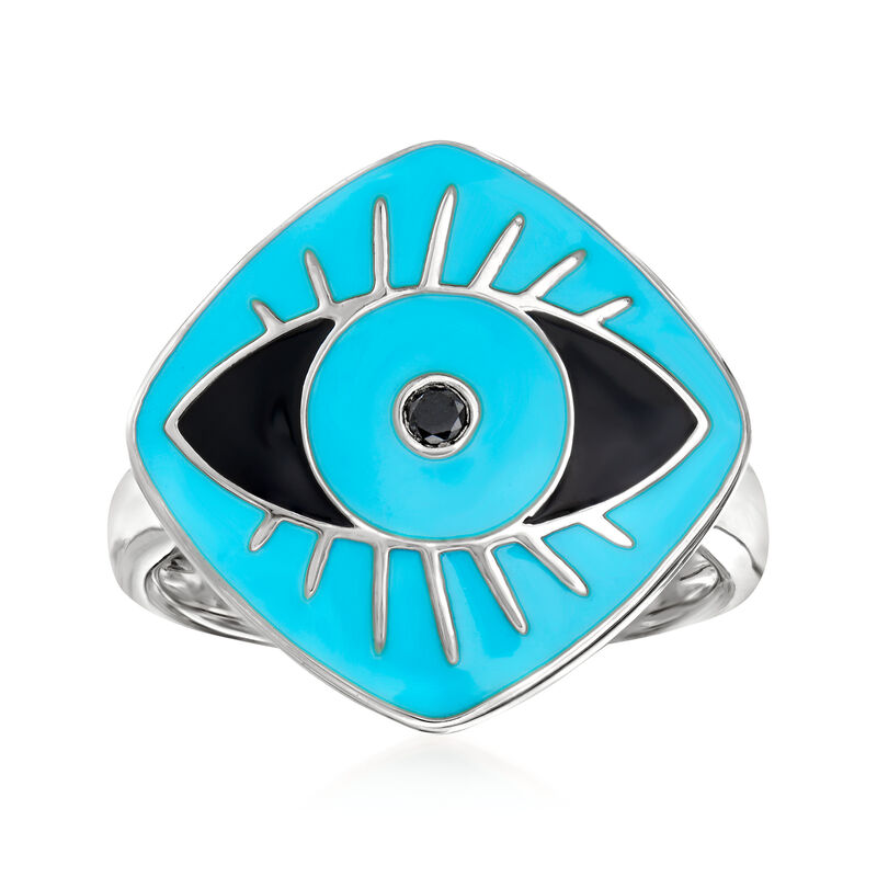 Blue and Black Enamel Evil Eye Ring with Black Diamond Accent in Sterling Silver image number 0