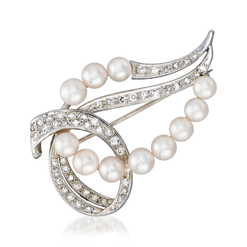 C. 1970 Vintage 4x5mm Cultured Pearl and .55 ct. t.w. Diamond Swirl Pin in 14kt White Gold image number 0