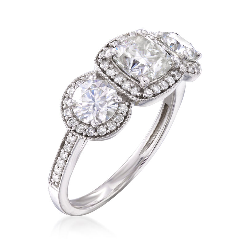 1.70 ct. t.w. Synthetic Moissanite Three-Stone Engagement Ring with .28 ct. t.w. Diamonds in 14kt White Gold image number 1