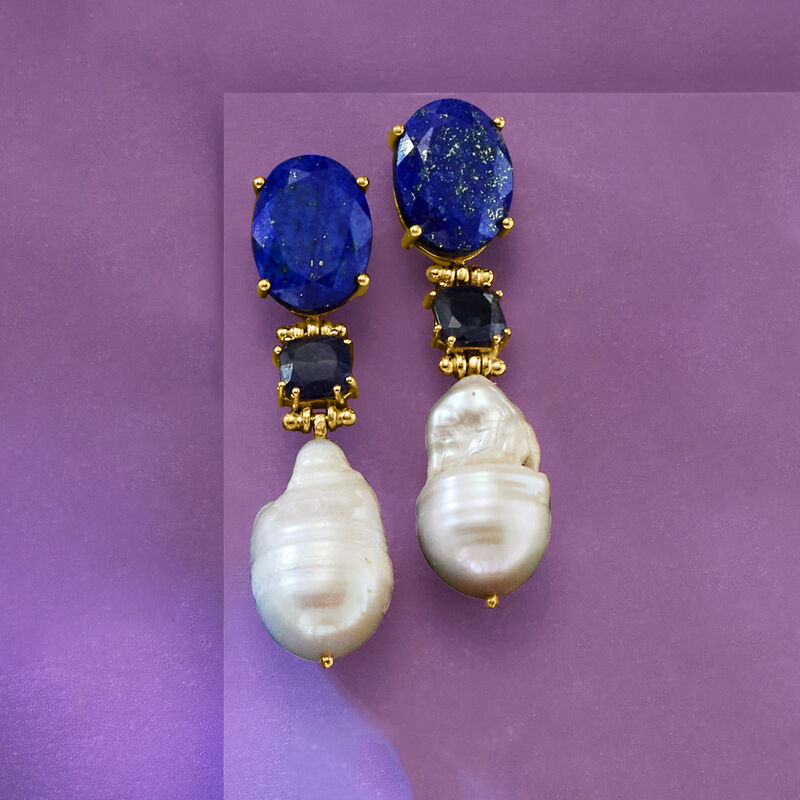 14-16mm Cultured Baroque Pearl and 3.60 ct. t.w. Iolite Drop Earrings with Lapis in 18kt Gold Over Sterling image number 3