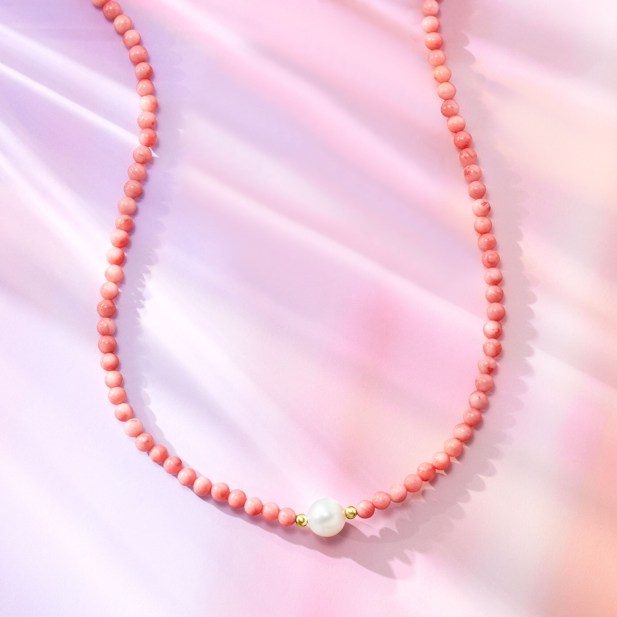 8.5 9mm Cultured Pearl and 4mm Pink Coral Bead Necklace with 18kt Gold Over Sterling