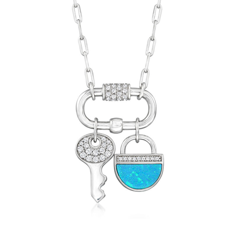 Charles Garnier Synthetic Blue Opal and .60 ct. t.w. CZ Carabiner Lock and Key Charm Necklace in Sterling Silver . 17&quot; image number 1