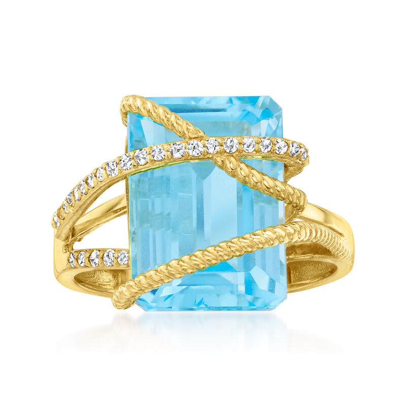 9.25 Carat Sky Blue Topaz and .15 ct. t.w. Diamond Crisscross Ring in 14kt Yellow Gold image number 0