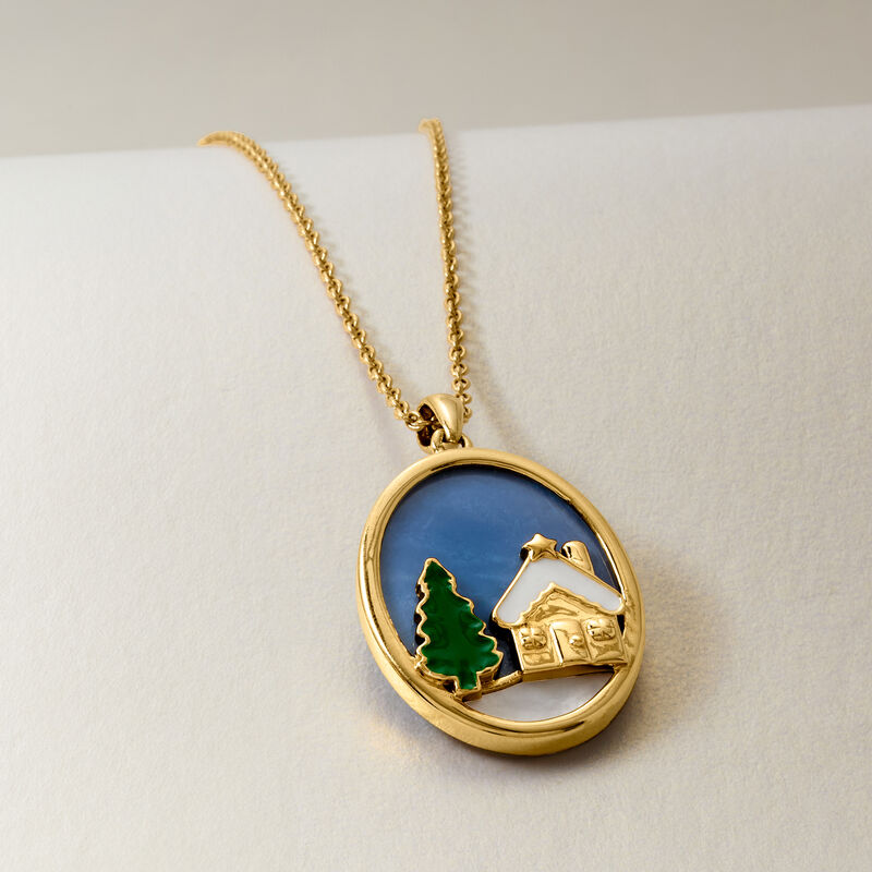 Mother-of-Pearl and Blue Opal Winter Scene Pendant Necklace with Enamel in 18kt Gold Over Sterling. 18" image number 2