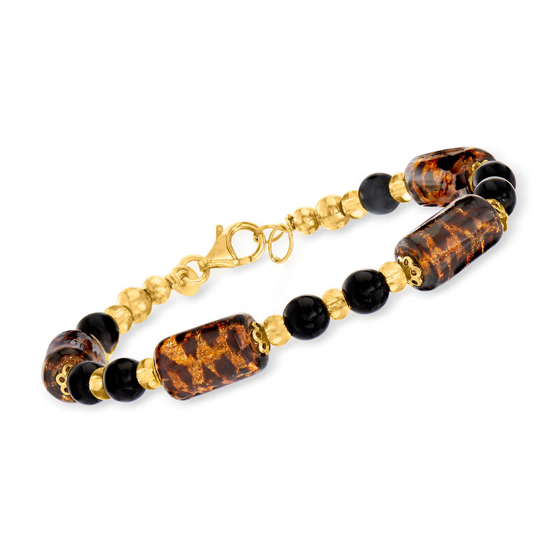 Italian Leopard-Print Murano Glass Bead Bracelet in 18kt Gold Over Sterling. 7" image number 0