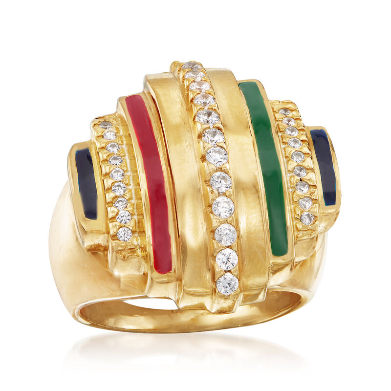 Italian .35 ct. t.w. CZ and Multicolored Enamel Ring in 18kt Yellow Gold Over Sterling Silver image number 3
