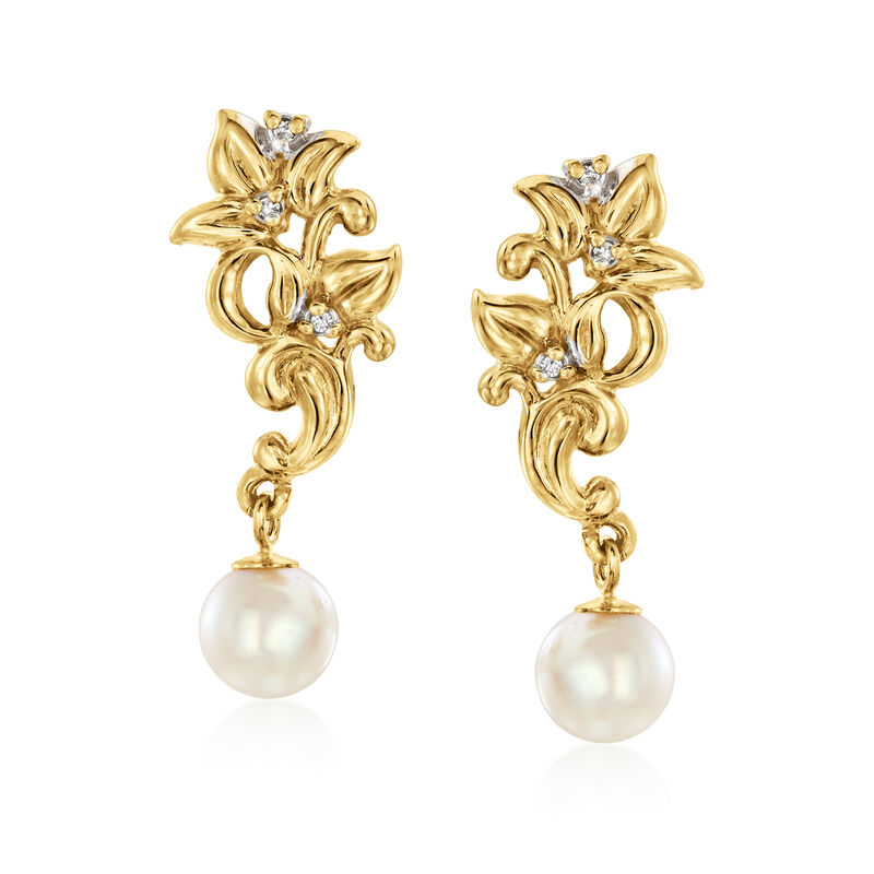 C. 1990 Vintage 6.5mm Cultured Pearl Floral Drop Earrings with Diamonds in 14kt Yellow Gold image number 0