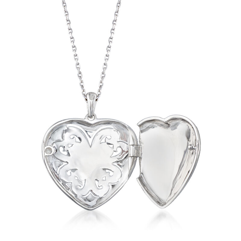 Sterling Silver Scrolled Heart Locket Necklace with Diamonds. 16&quot; image number 2