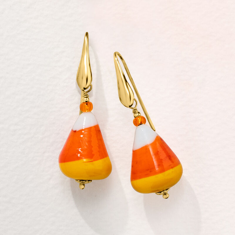 Italian Murano Glass Halloween Candy Corn Drop Earrings in 18kt Gold Over Sterling image number 2
