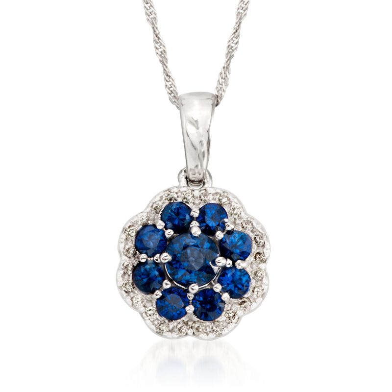 .90 ct. t.w. Sapphire and .20 ct. t.w. Diamond Flower Pendant Necklace in 14kt White Gold. 16&quot; image number 1