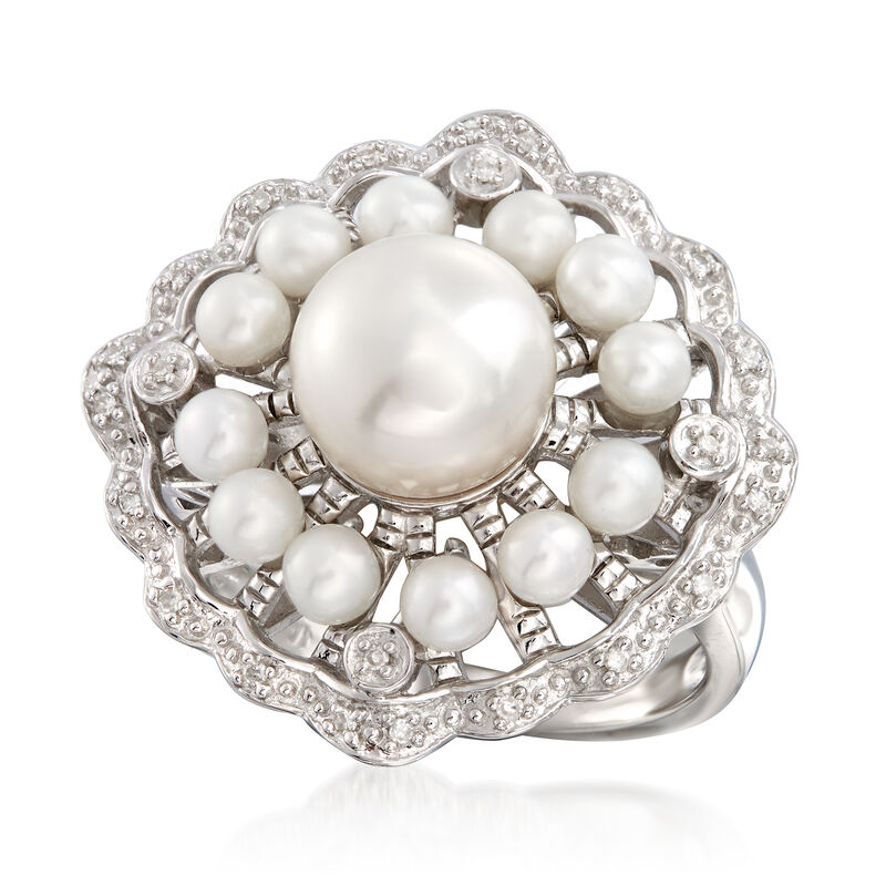 3-8mm Cultured Pearl Scalloped Ring with Diamond Accents in Sterling Silver image number 3