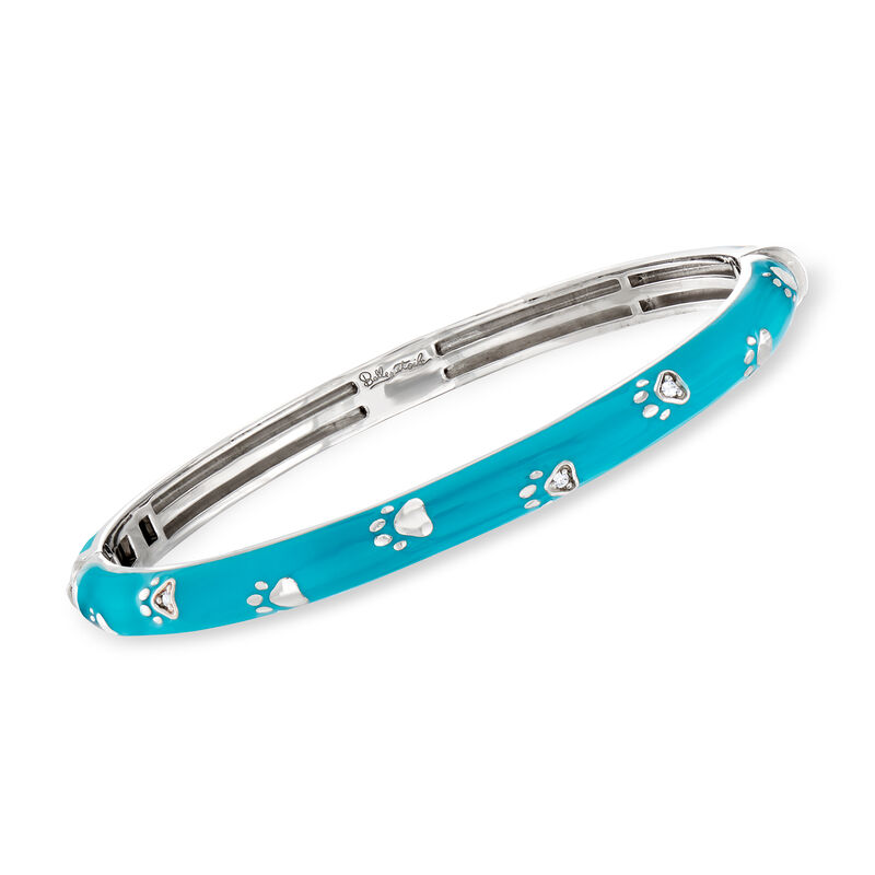 Belle Etoile &quot;Paw Prints&quot; Turquoise Enamel Bangle Bracelet with CZs in Sterling Silver. 7&quot; image number 0