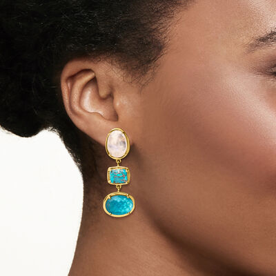 Turquoise, Moonstone and 10.00 ct. t.w. Blue Quartz Drop Earrings in 18kt Gold Over Sterling