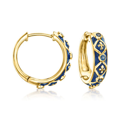 .30 ct. t.w. Sapphire and Blue Enamel Fleur-De-Lis Hoop Earrings in 18kt Gold Over Sterling