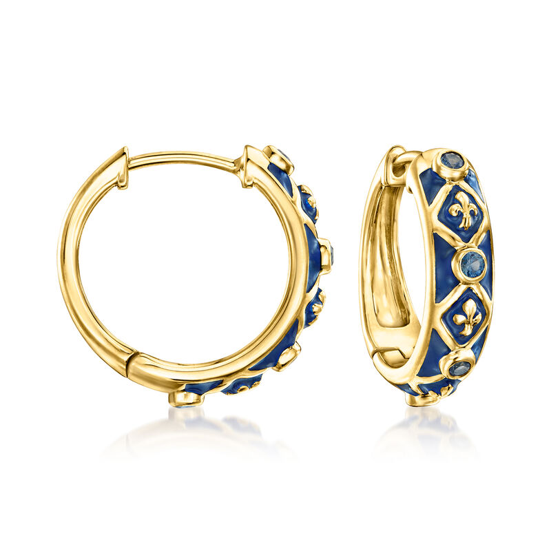.30 ct. t.w. Sapphire and Blue Enamel Fleur-De-Lis Hoop Earrings in 18kt Gold Over Sterling. 3/4" image number 0