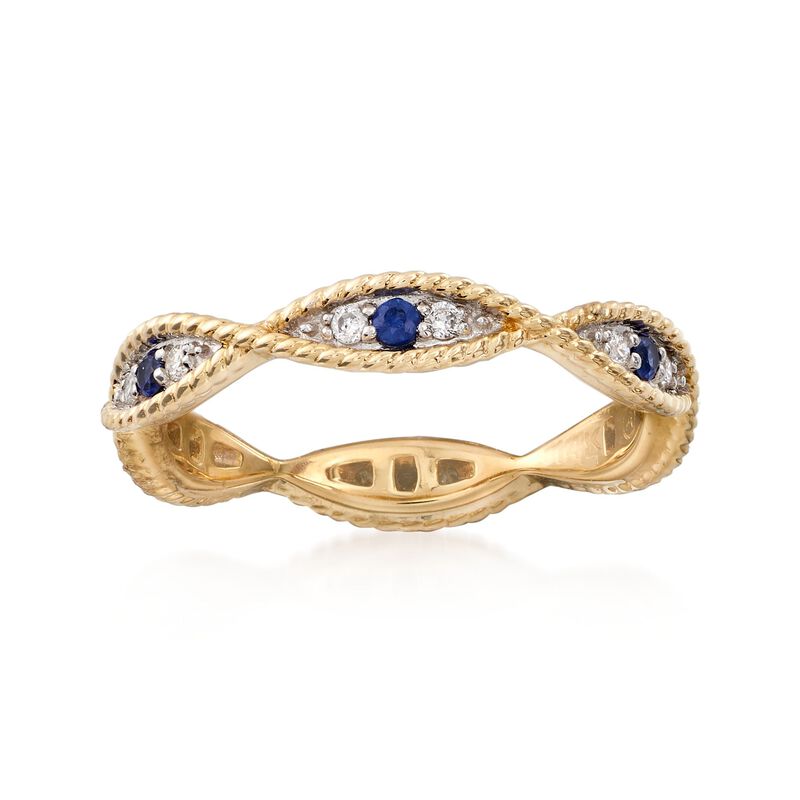 .12 ct. t.w. Diamond and .10 ct. t.w. Sapphire Milgrain Twist Eternity Band in 14kt Yellow Gold image number 0