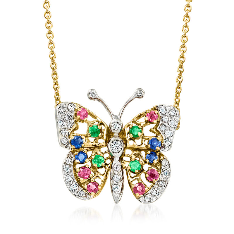 C. 1980 Vintage .66 ct. t.w. Multi-Gemstone Butterfly Necklace with .50 ct. t.w. Diamonds in 14kt Yellow Gold image number 0