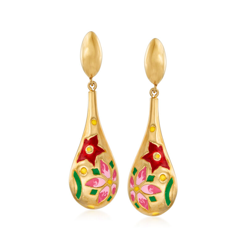 Italian Multicolored Enamel Flower Drop Earrings in 18kt Gold Over Sterling  image number 0