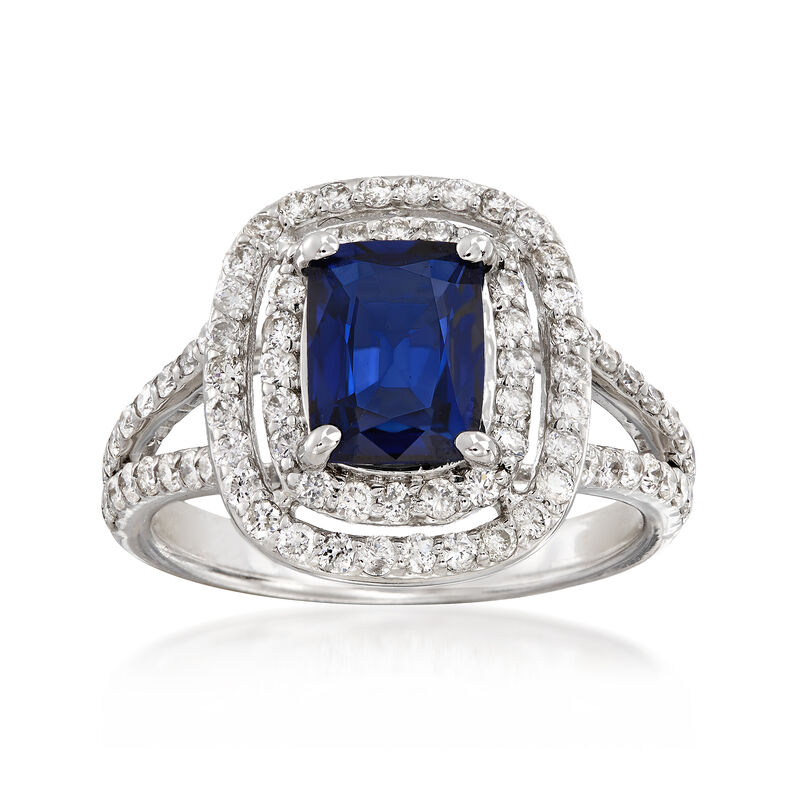 1.80 Carat Sapphire and .85 ct. t.w. Diamond Double Halo Ring in 14kt White Gold image number 0