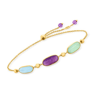 Italian Multi-Gemstone Bolo Bracelet with .10 ct. t.w. Amethyst Beads in 14kt Yellow Gold