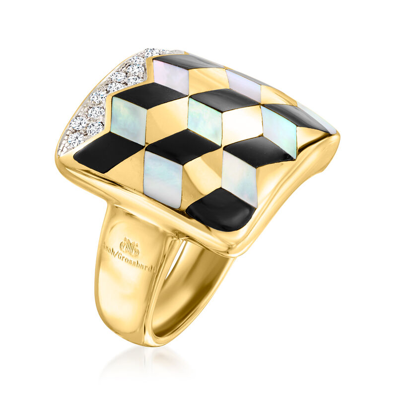 C. 1990 Vintage Asch Grossbardt Mother-of-Pearl and Onyx Inlay Ring with .16 ct. t.w. Diamonds in 14kt Yellow Gold. Size 6.5 image number 2