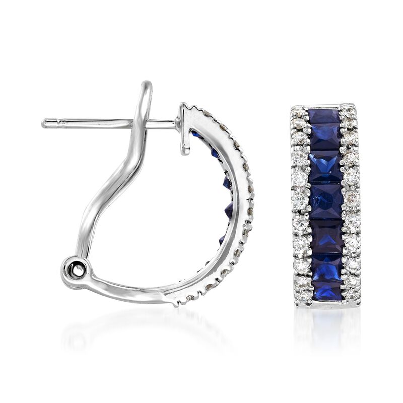 1.50 ct. t.w. Sapphire and .30 ct. t.w. Diamond Huggie Hoop Earrings in 14kt White Gold. 1/2&quot; image number 2