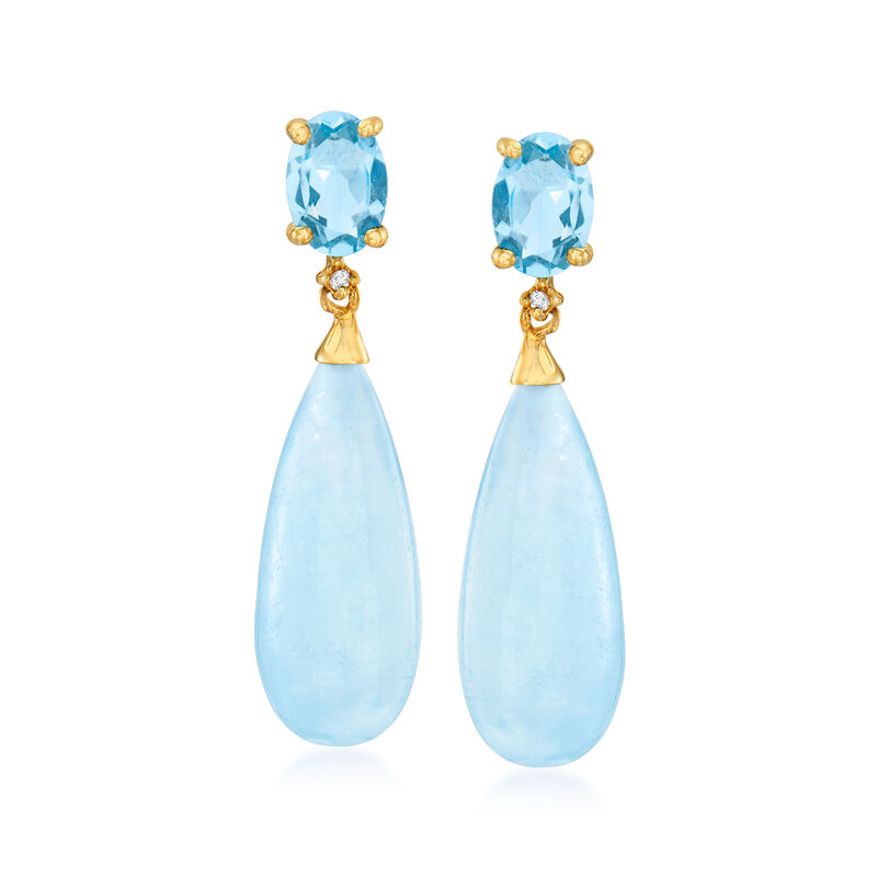 16.00 ct. t.w. Aquamarine and 1.80 ct. t.w. Sky Blue Topaz Drop Earrings with Diamond Accents in 14kt Yellow Gold image number 0
