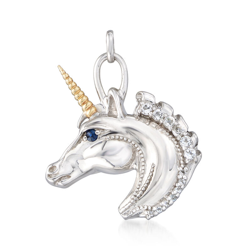 .25 ct. t.w. White Topaz Unicorn Pendant Necklace with Sapphire Accents in 14kt Gold and Sterling image number 2