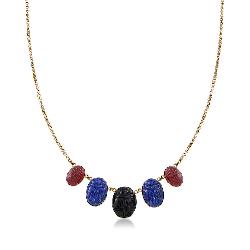 Red and Black Agate with Lapis Scarab Necklace in 14kt Yellow Gold image number 0