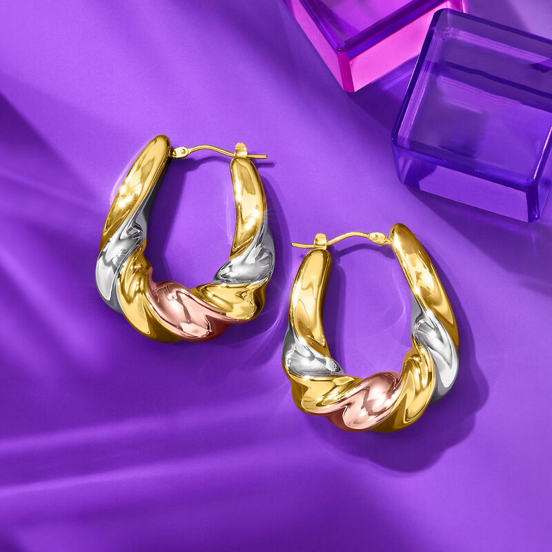 Italian Andiamo 14kt Tri-Colored Gold Over Resin Scalloped Hoop Earrings. 1 3/8&quot; image number 5