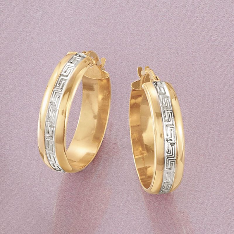 Italian 14kt Two-Tone Gold Greek Key Hoop Earrings. 7/8&quot;. image number 2