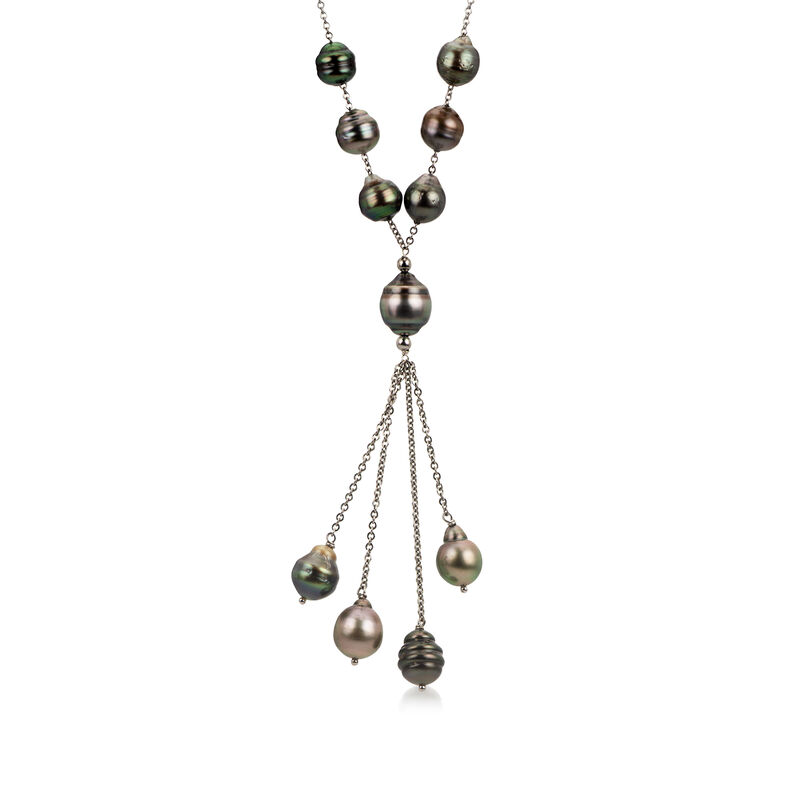 8-11mm Black Cultured Tahitian Pearl Tassel Necklace in Sterling Silver. 18&quot; image number 0